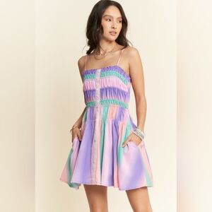 Davi & Dani Pastel Ombre Smocked Mini Fit & Flare Dress with Pockets